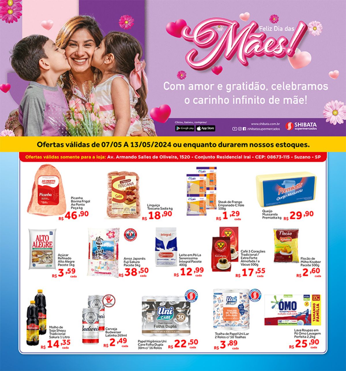 Promoções em produtos de limpeza, alimentos e bebidas, Dia Das Mães, 13-05-2024, Shibata Supermerca