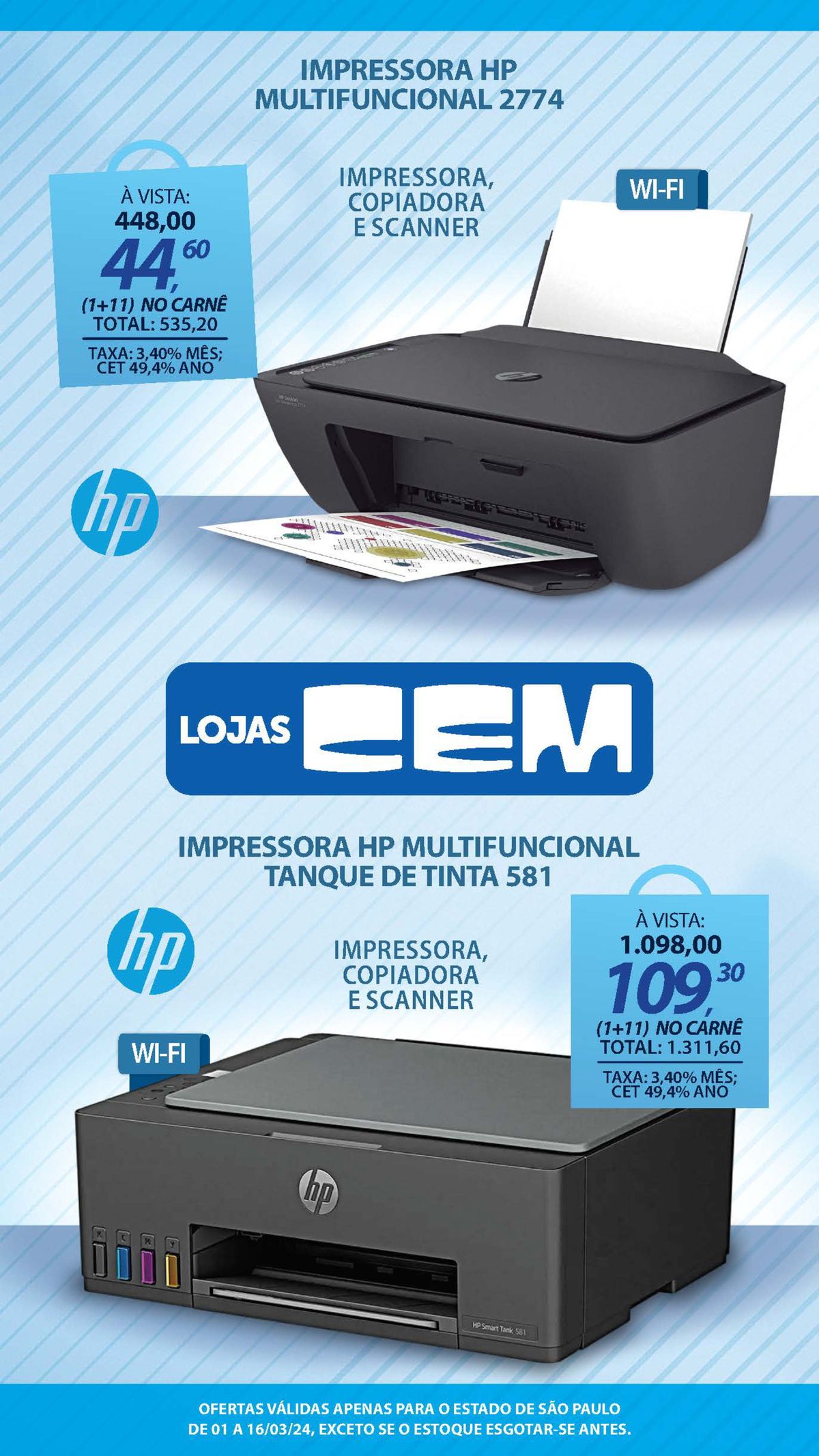 Impressora HP Multifuncional 2774 - R$448,00