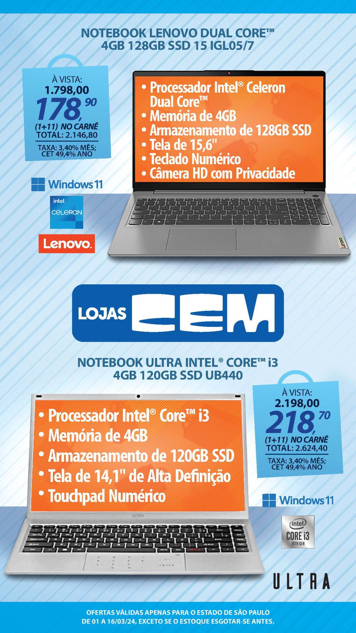 Notebooks em promoção: Lenovo Dual Core e Ultra Intel Core i3