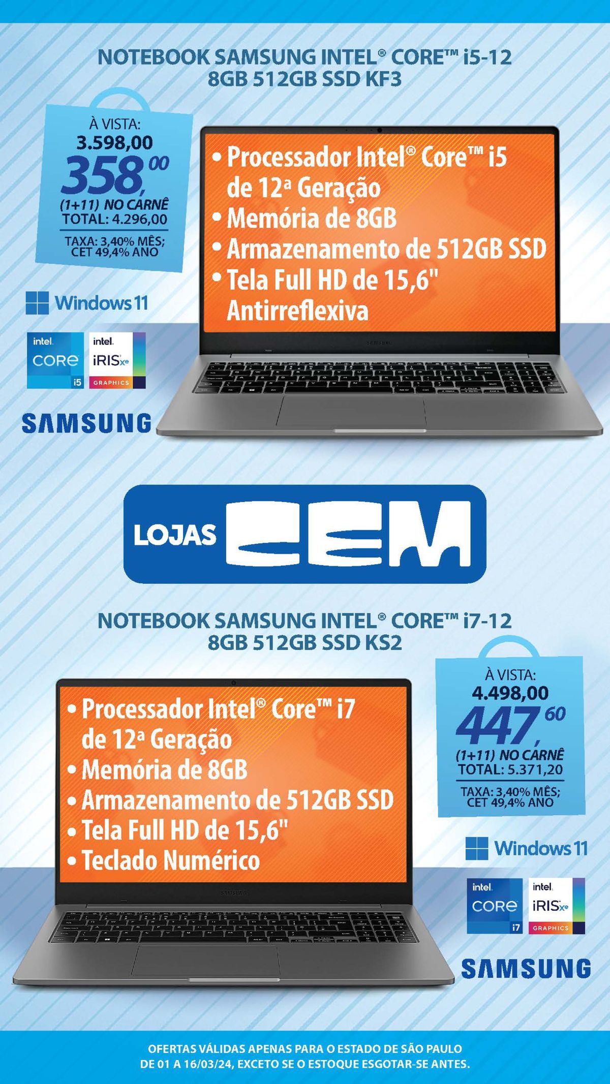 Notebooks Samsung com processador Intel Core i5 e i7 de 12ª geração, 8GB de memória e 512GB de arma