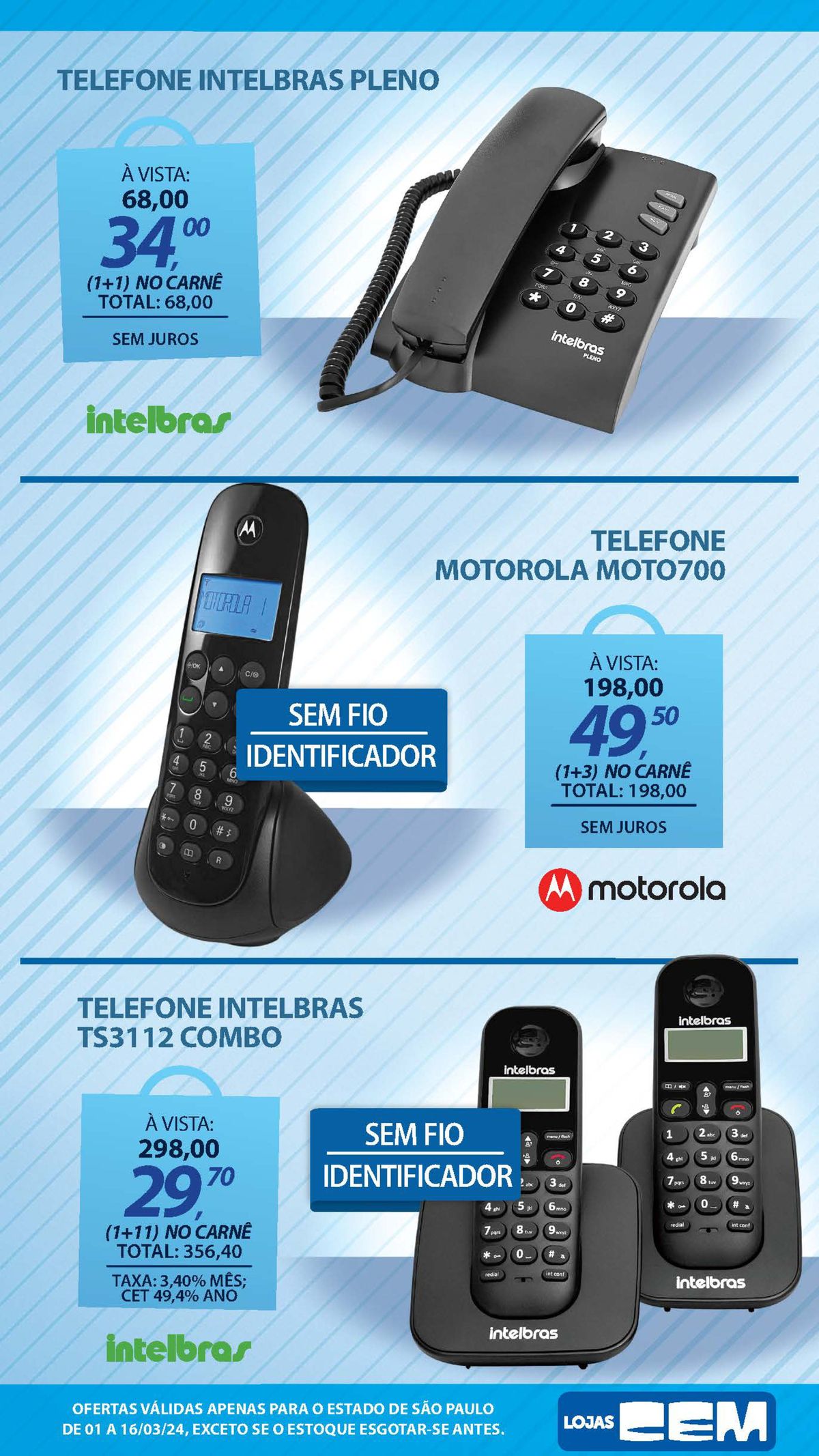 Telefones Intelbras e Motorola com condições especiais