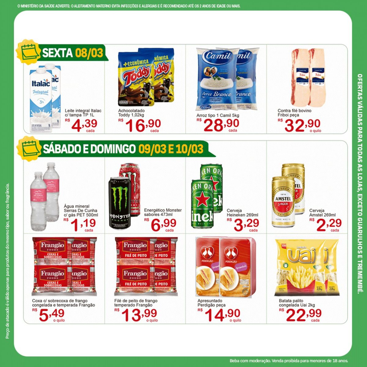 Ofertas em Supermercados: Leite Italac, Achocolatado Toddy, Água Mineral, Frango Congelado, Contra 