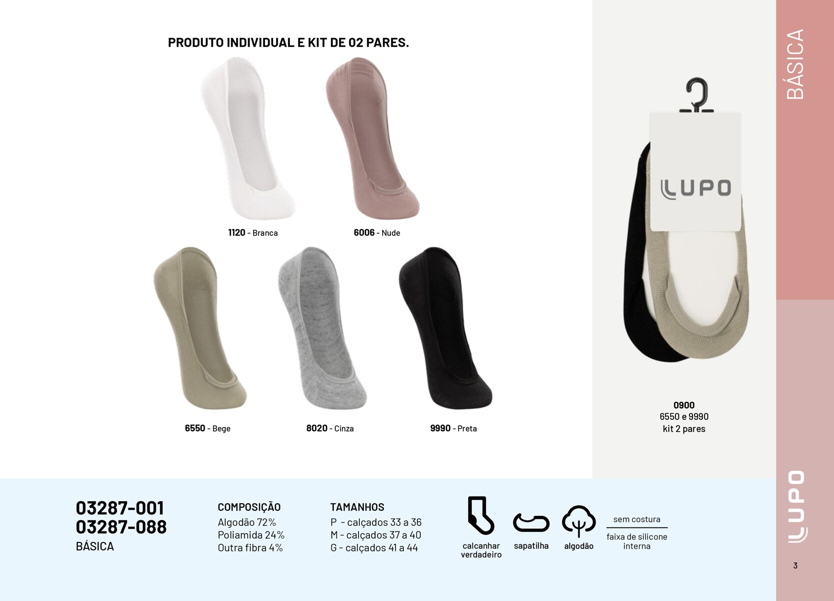 Kit de 02 pares de meias Lupo - Branca, Nude, Bege, Cinza e Preta