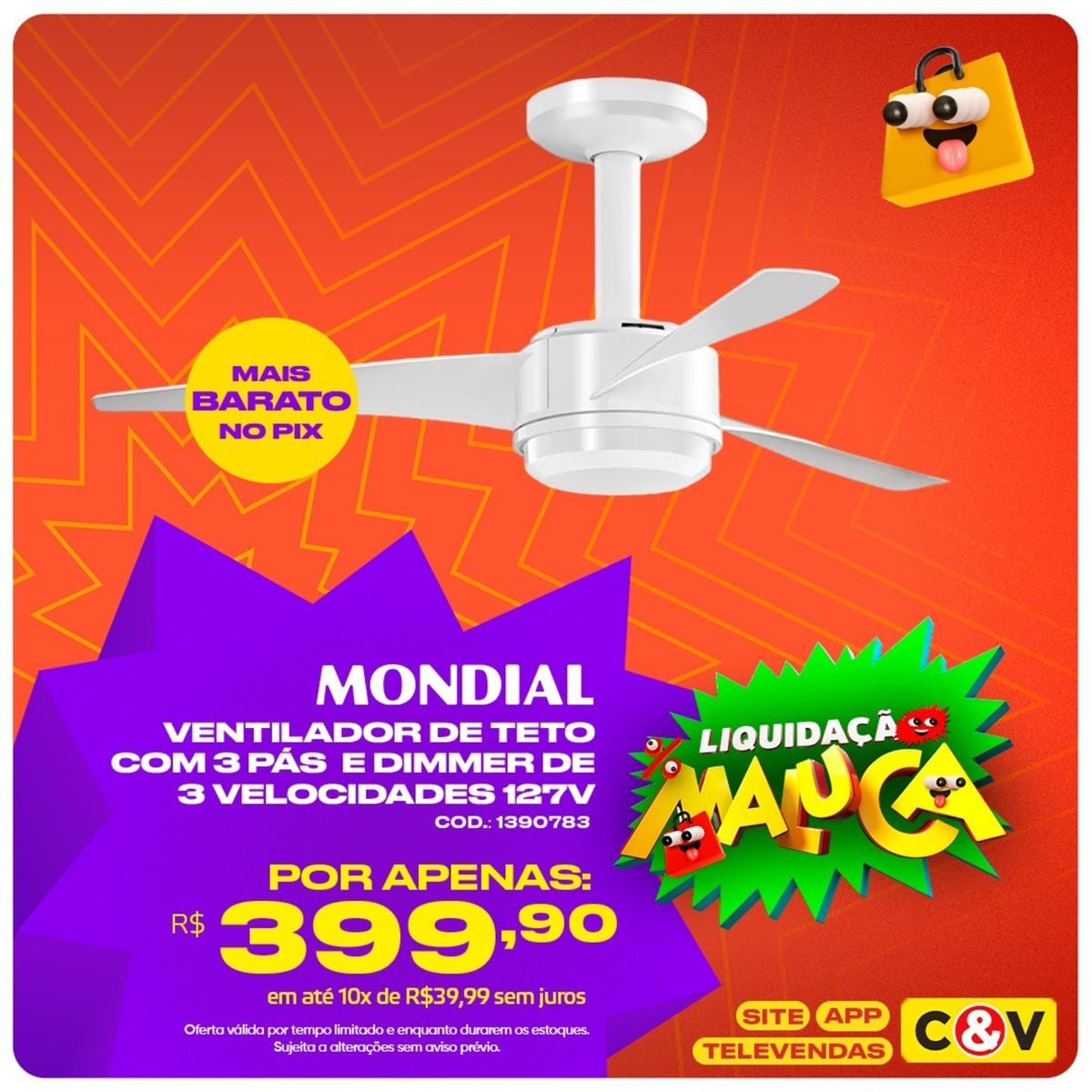 Oferta ventilador de teto Mondial com 3 pás e dimmer de 3 velocidades