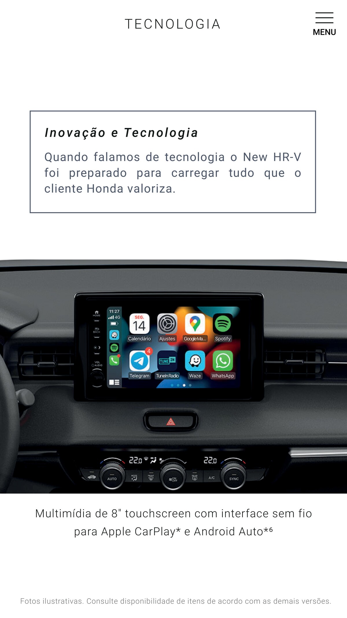 Multimídia de 8'' touchscreen com interface sem fio para Apple CarPlay e Android Auto