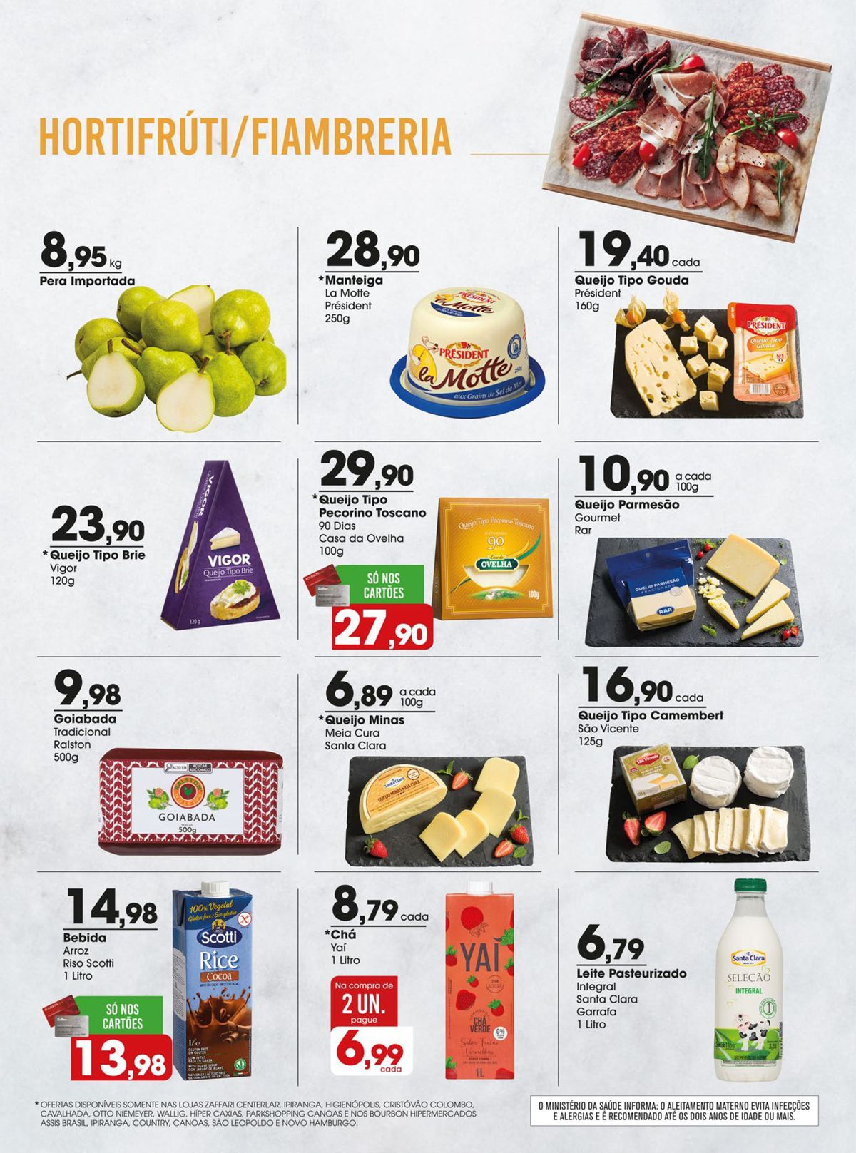 Ofertas em queijos e bebidas na seção de Supermercados