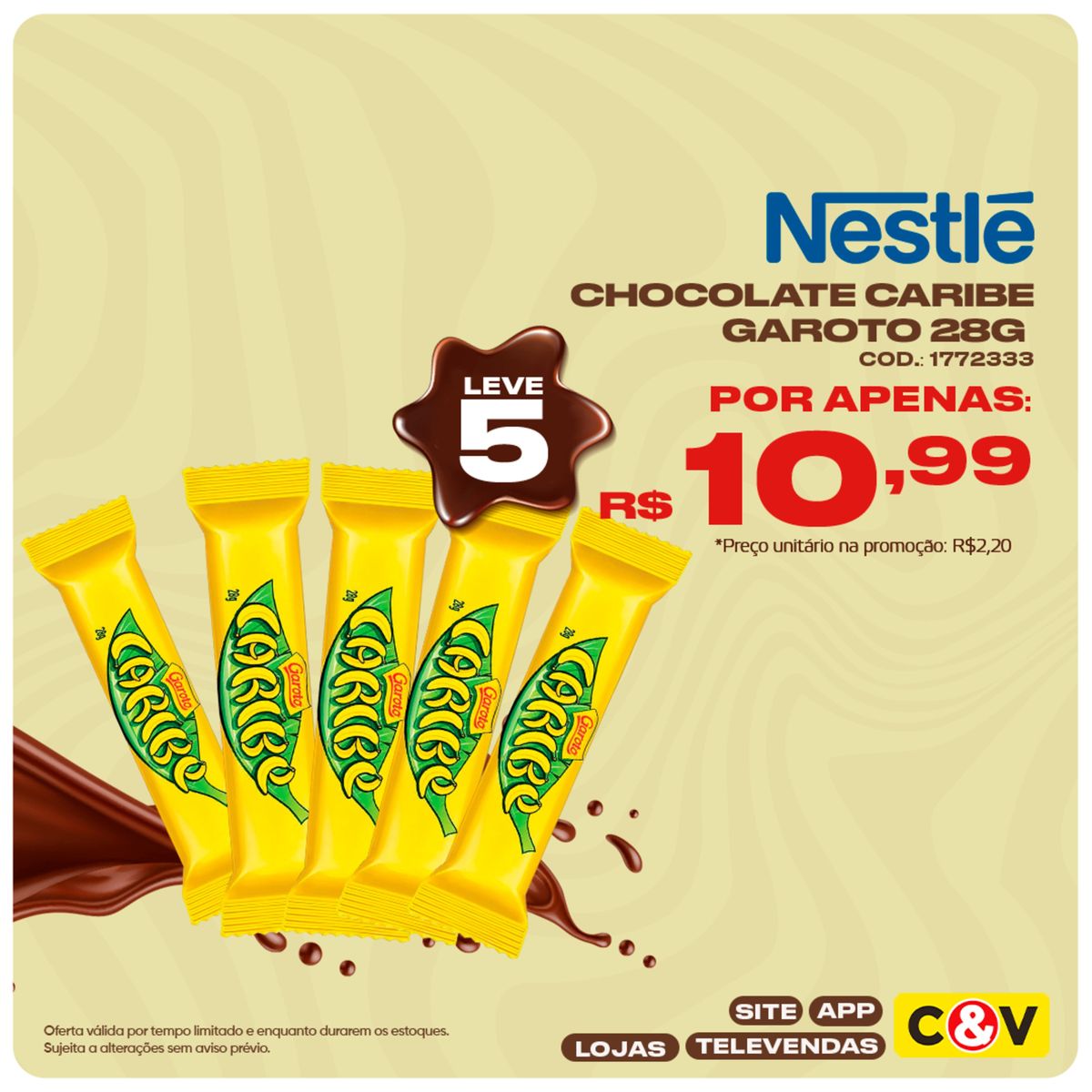 Chocolate Caribe e Garoto 28g por R$2,20 cada