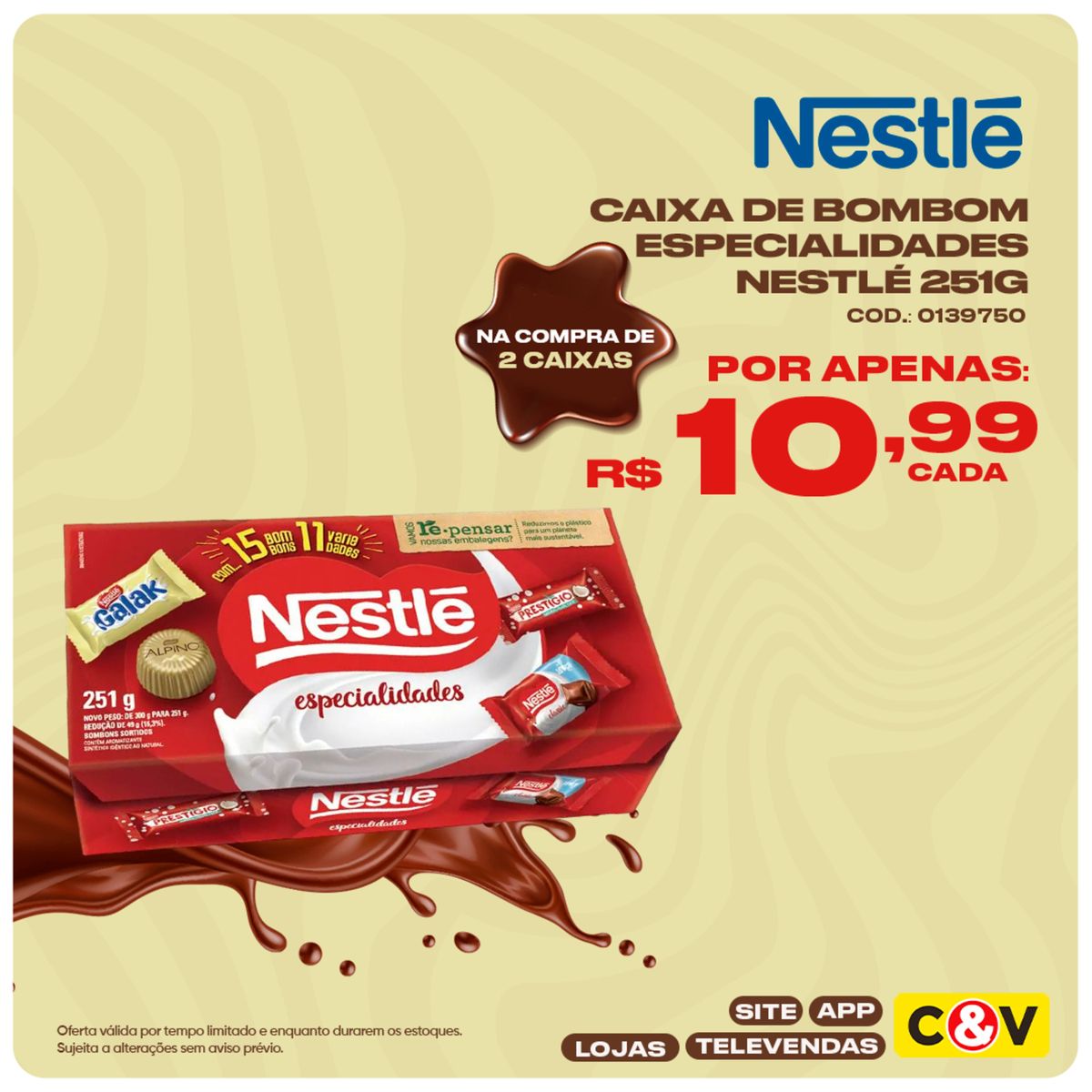 Oferta de bombons Nestlé 251g por apenas R$1,99 cada