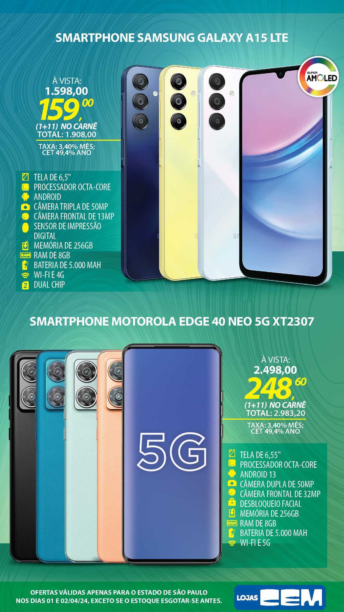 Promoção de Smartphones Samsung Galaxy A15 LTE e Motorola Edge 40 Neo 5G XT2307