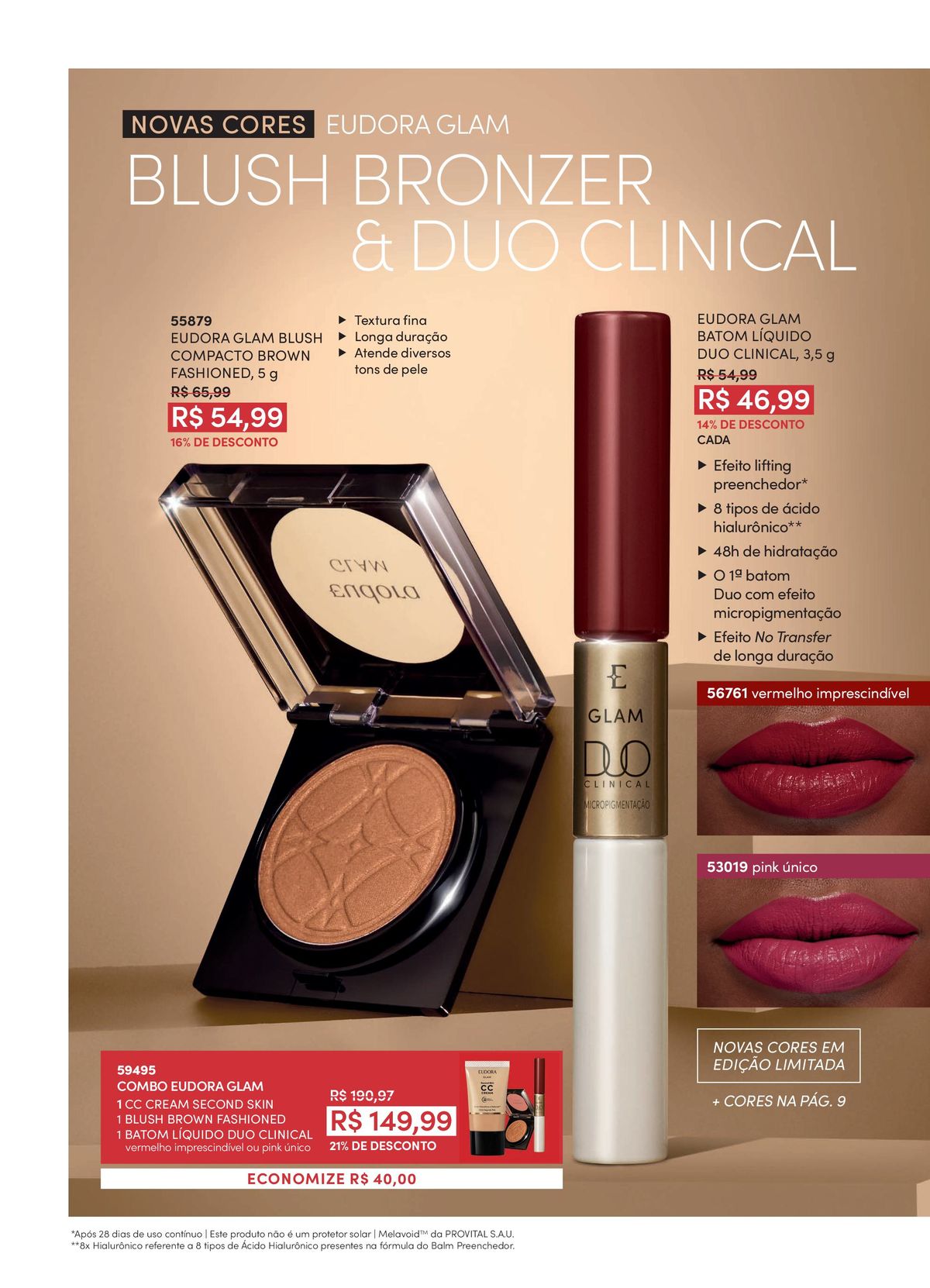 EUDORA GLAM BLUSH Longa Duração e BATOM LÍQUIDO DUO CLINICAL