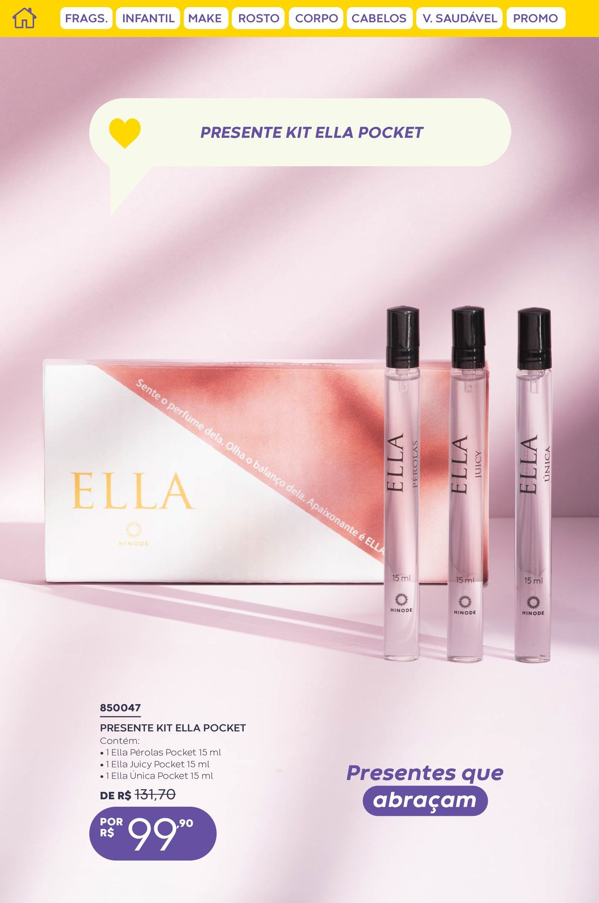 Kit Ella Pocket com 3 miniaturas de perfumes Hinode