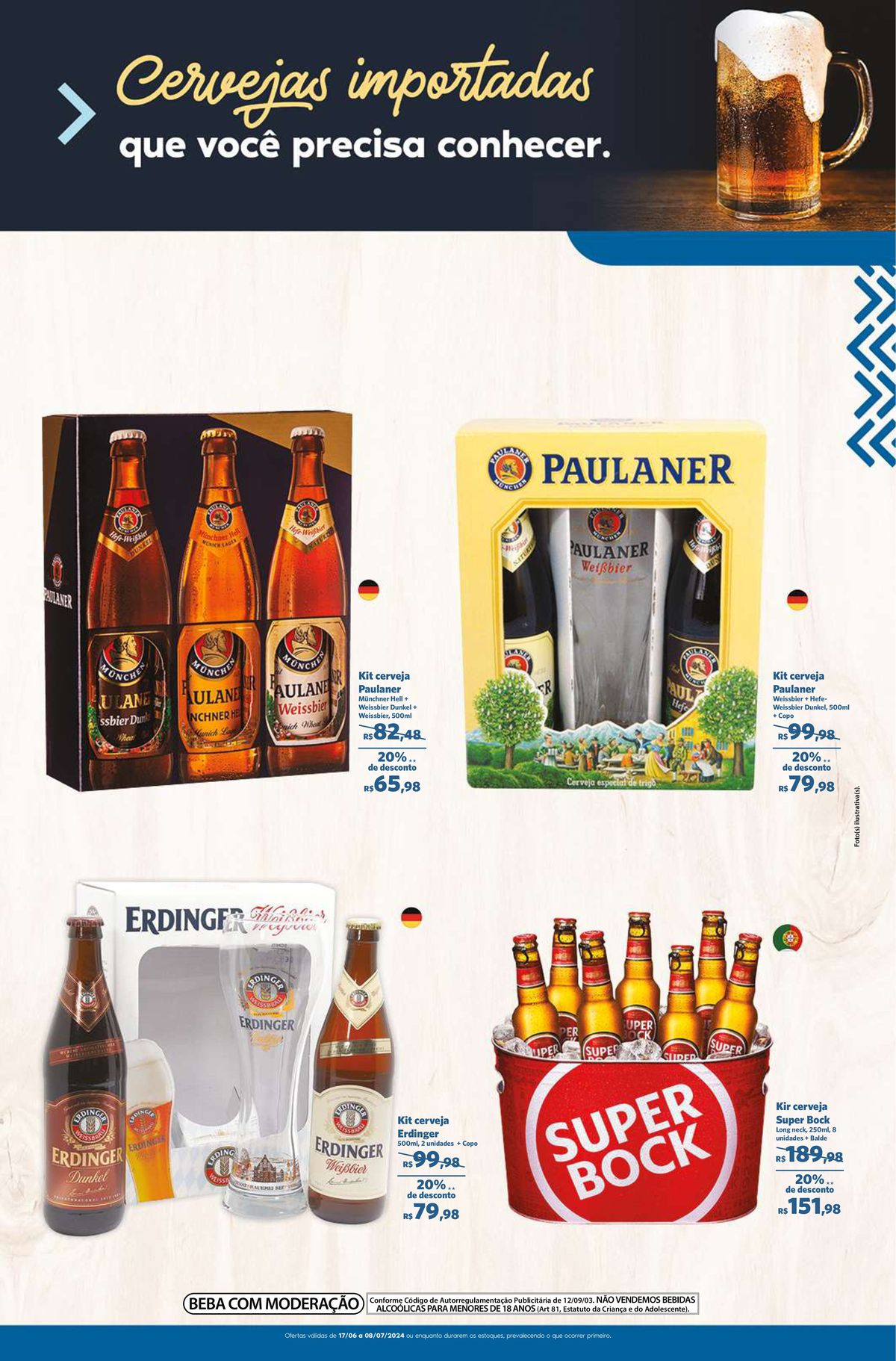 Kit cerveja Paulaner, Erdinger Longneck e Super Bock com 20% de desconto