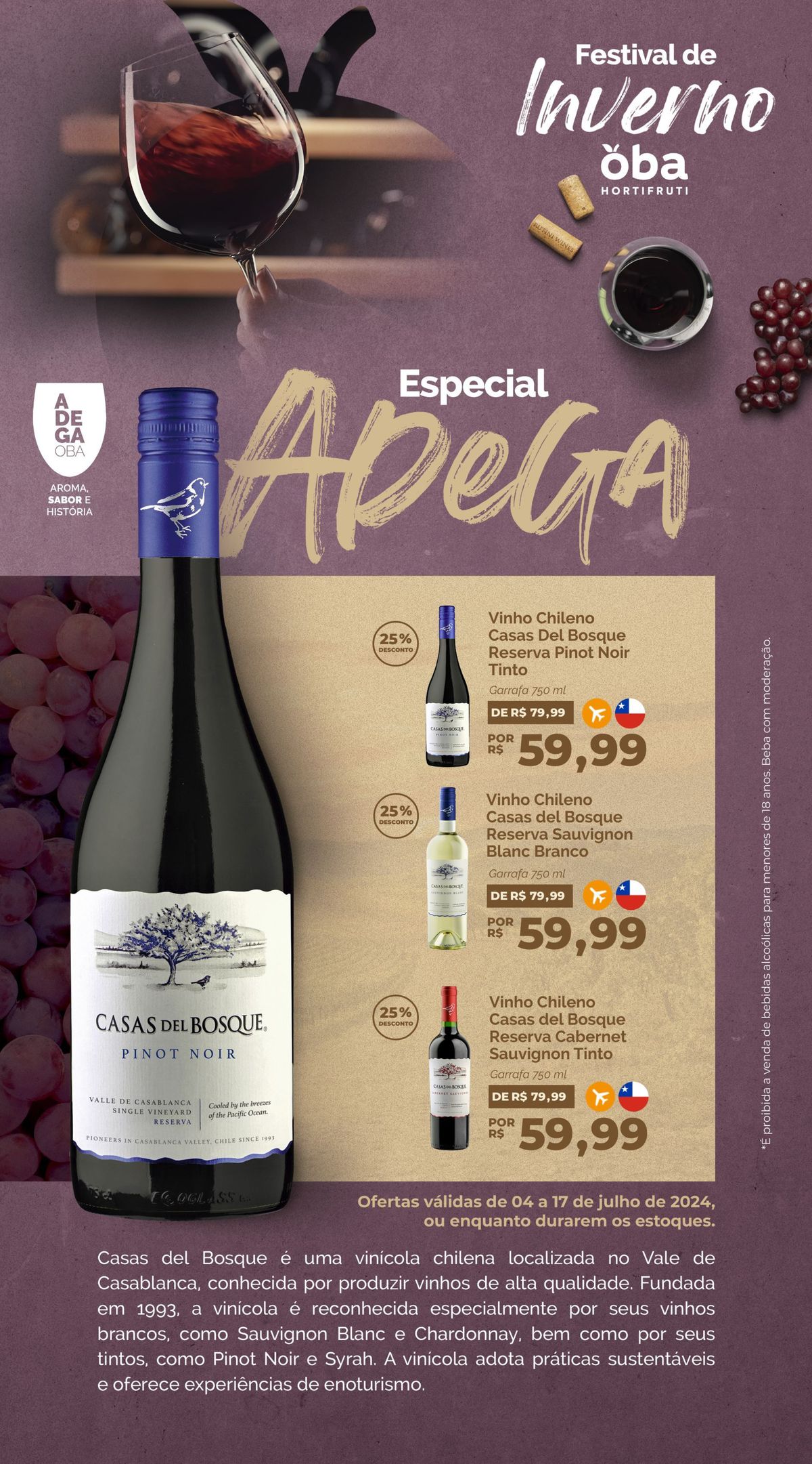 Ofertas de Vinhos Chilenos Casas del Bosque no Oba Hortifruti