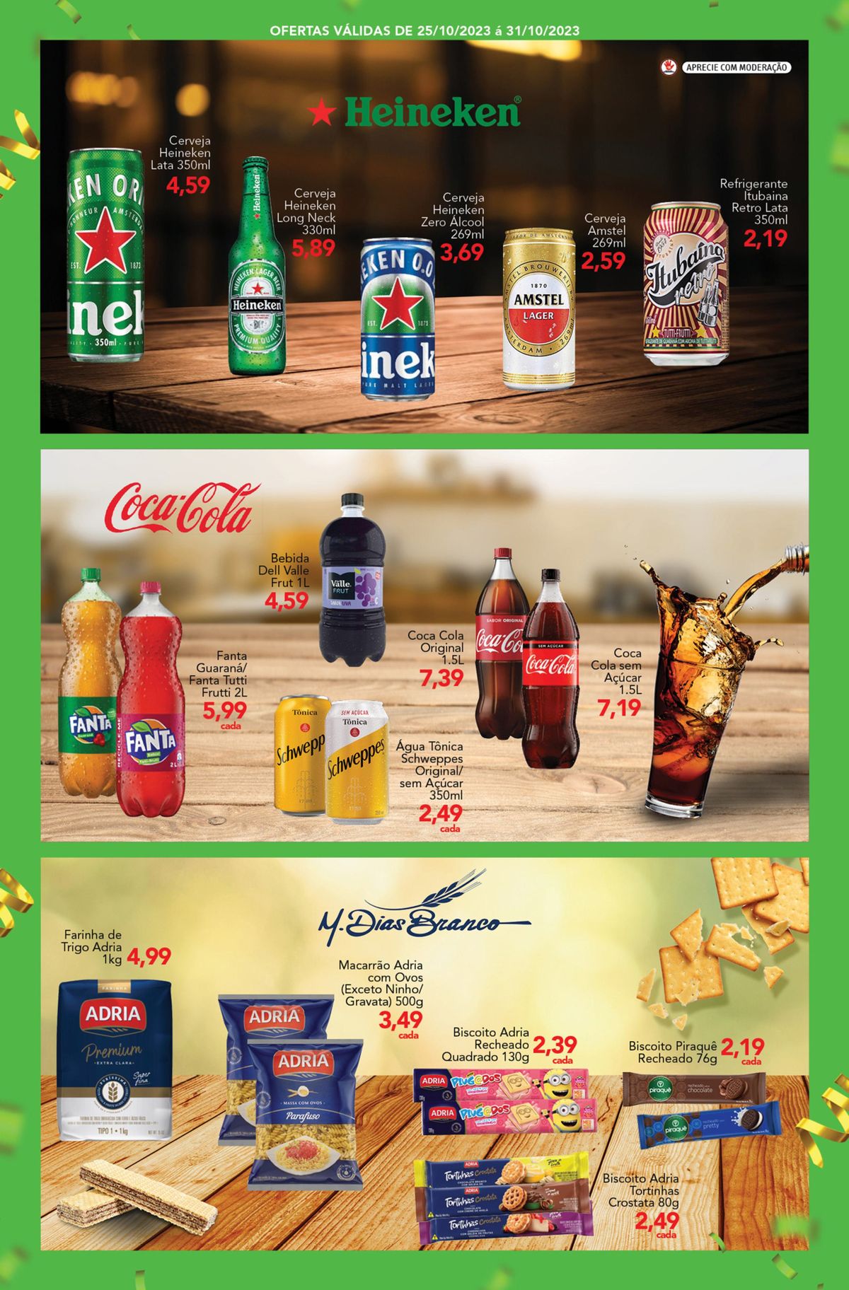 Bebidas em lata e garrafas de marcas variadas em oferta