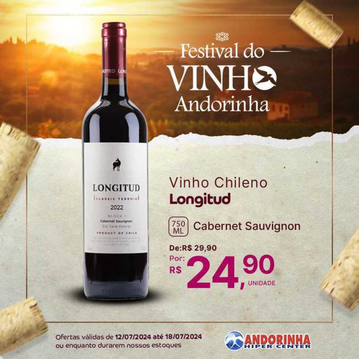 Vinho Chileno Cabernet Sauvignon por R$4,99 a unidade