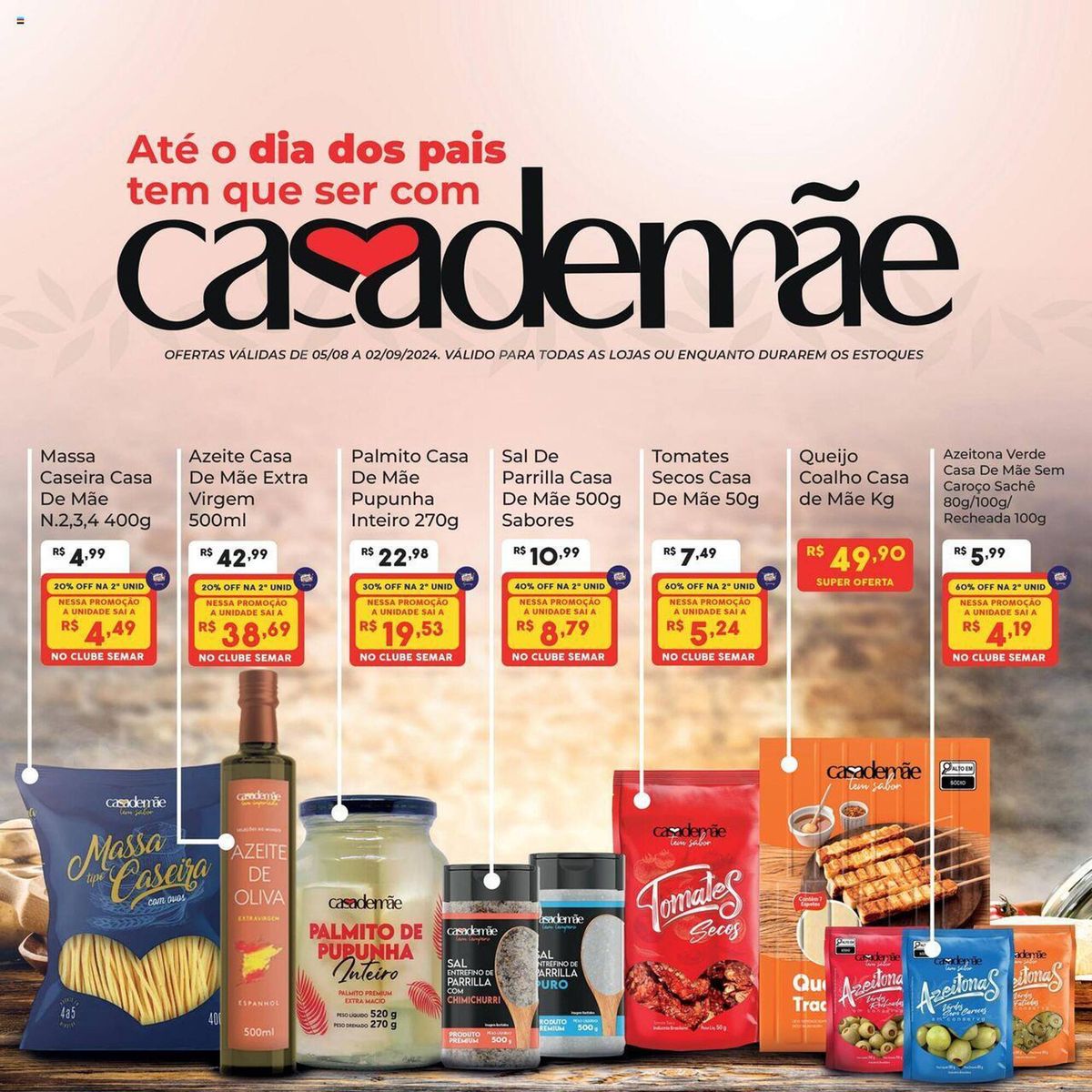 Promoção de itens de massa, azeite, palmito, sal de tomate, queijo e azeitona