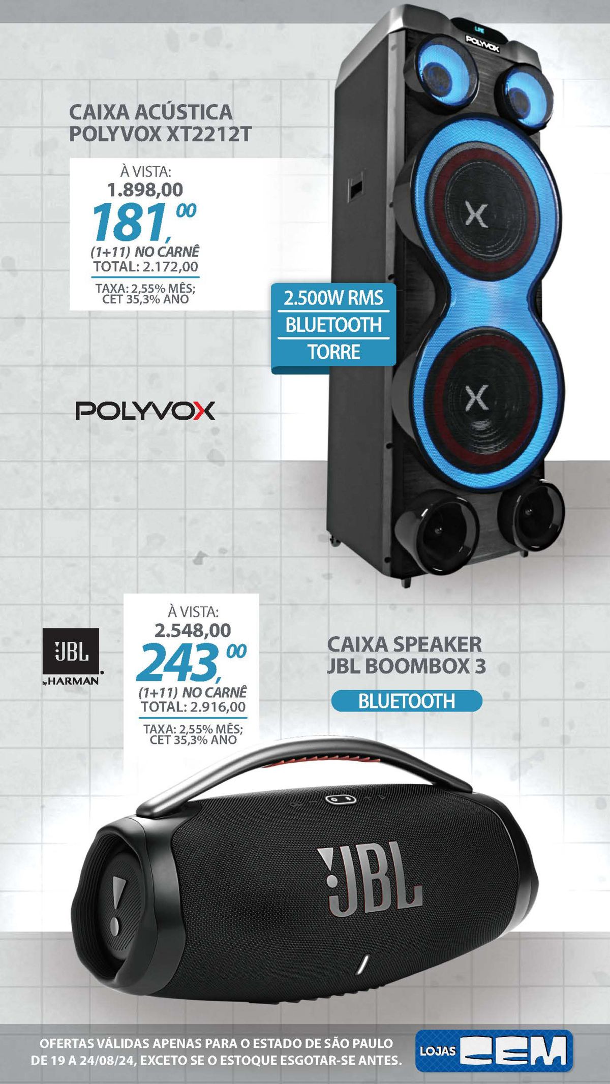 Caixas acústicas Polyvox XT2212T e Harman JBL BoomBox 3 com desconto especial