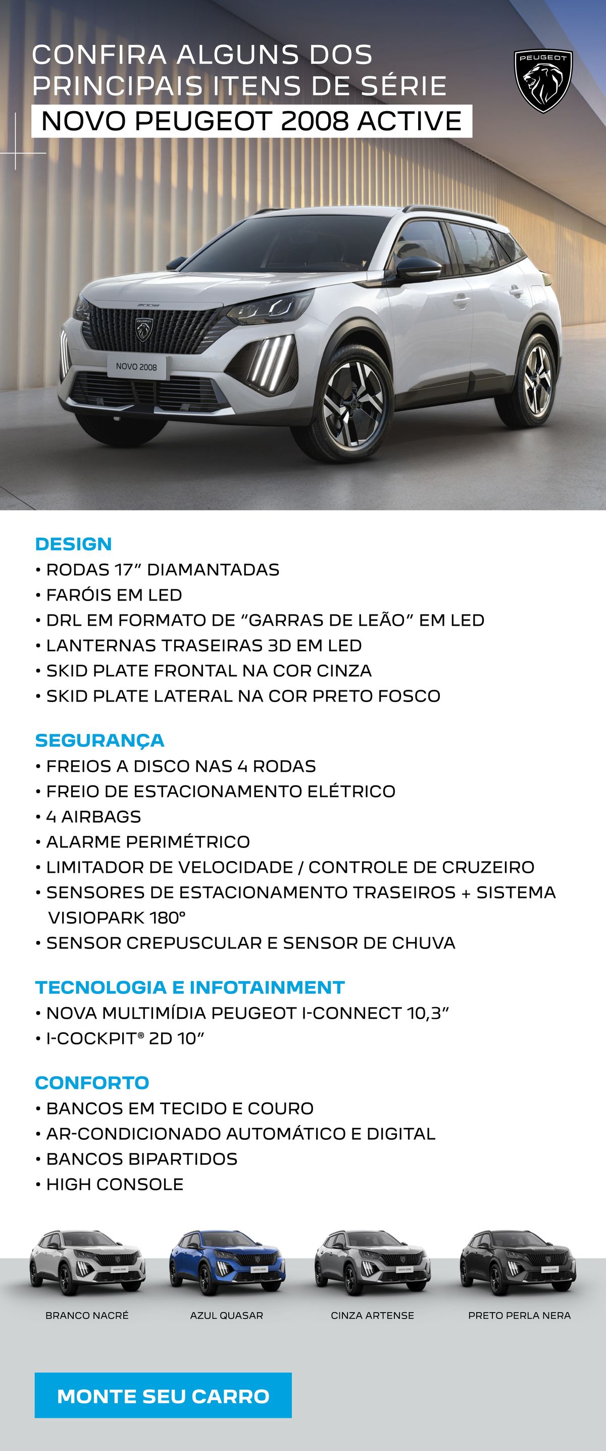 Principais itens de série no Novo Peugeot 2008 Active