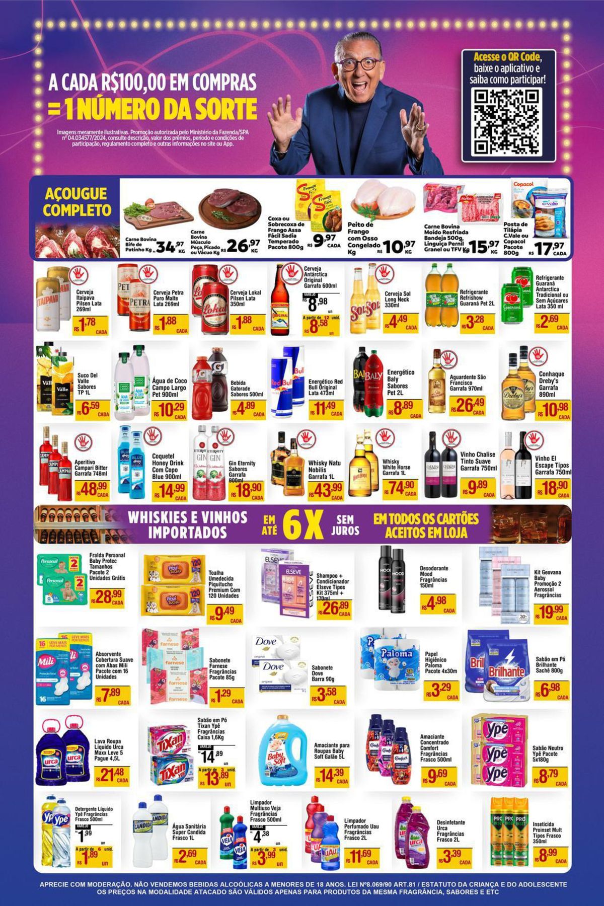 Ofertas em supermercado: bebidas, produtos de limpeza e higiene pessoal