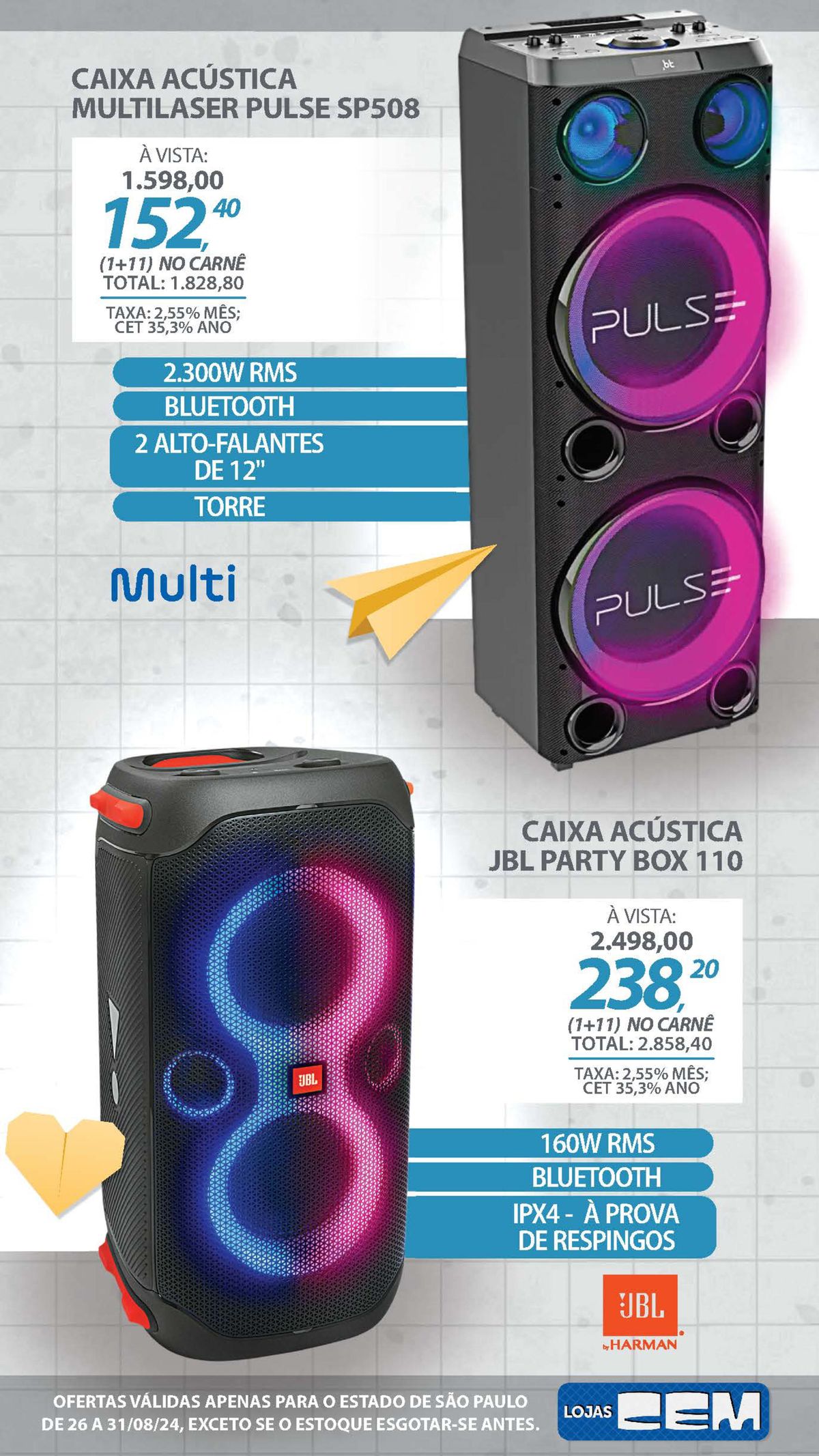 Caixas acústicas Multilaser Pulse SP508 e JBL Party Box 110 em promoção