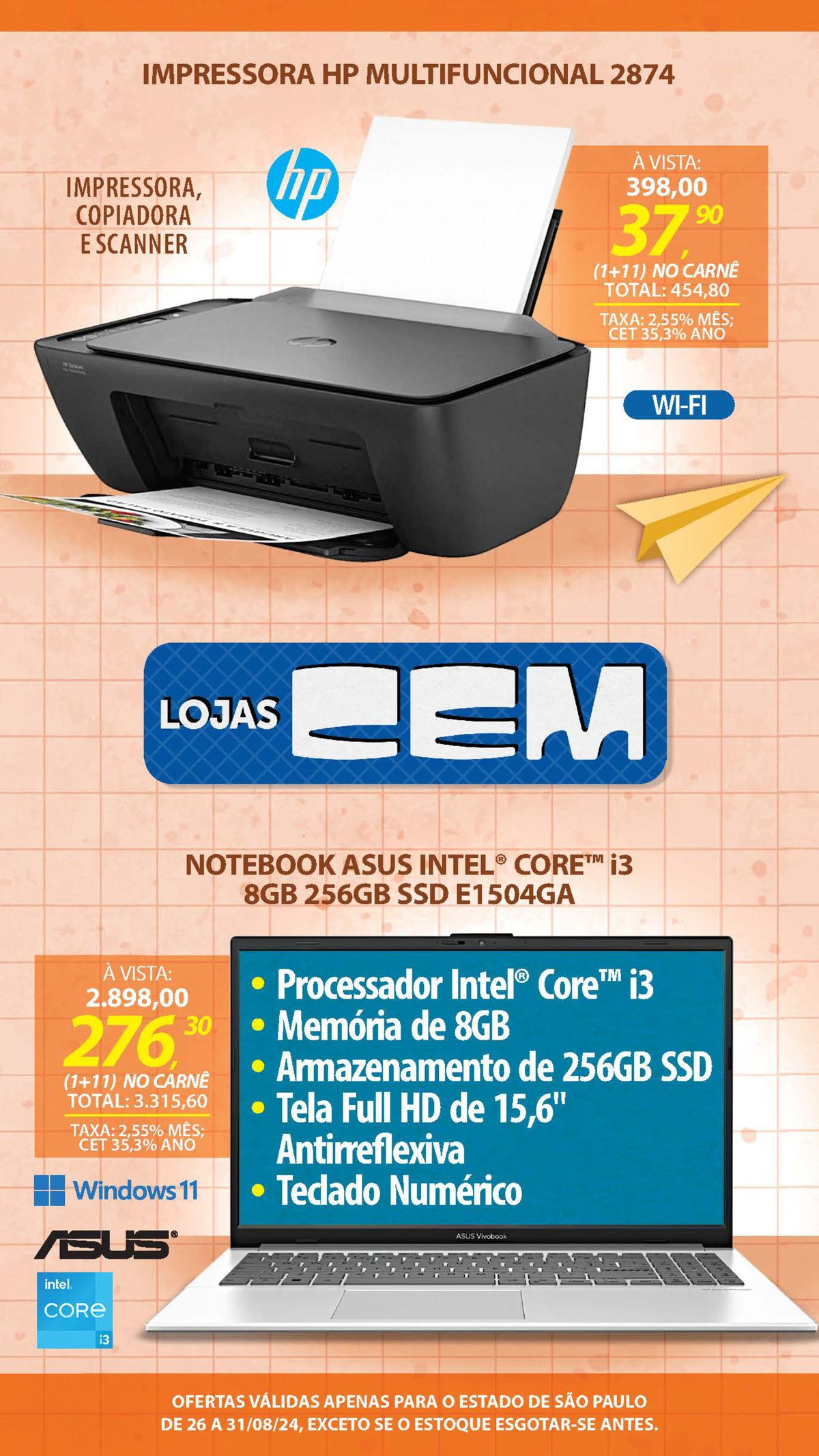 Promoção de impressoras multifuncionais e notebooks Asus na Loja de eletrodomésticos