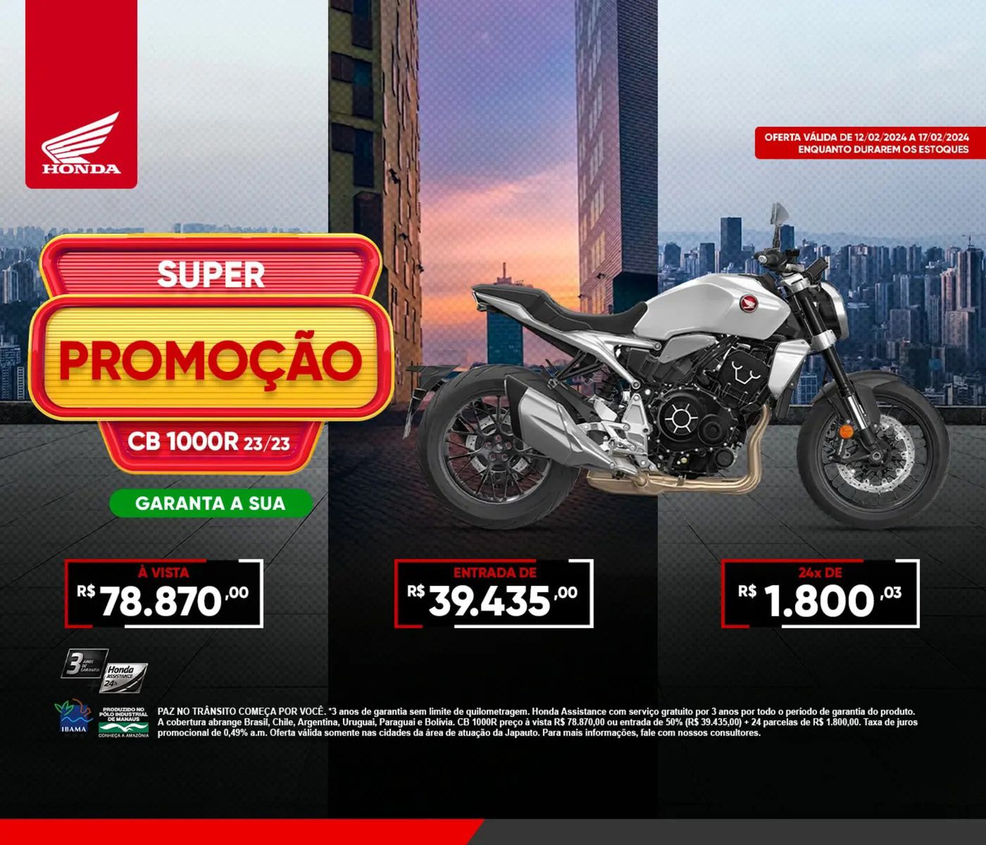 Honda CB 1000R: R$ 78.870 à vista ou entrada + parcelas de R$ 1.800